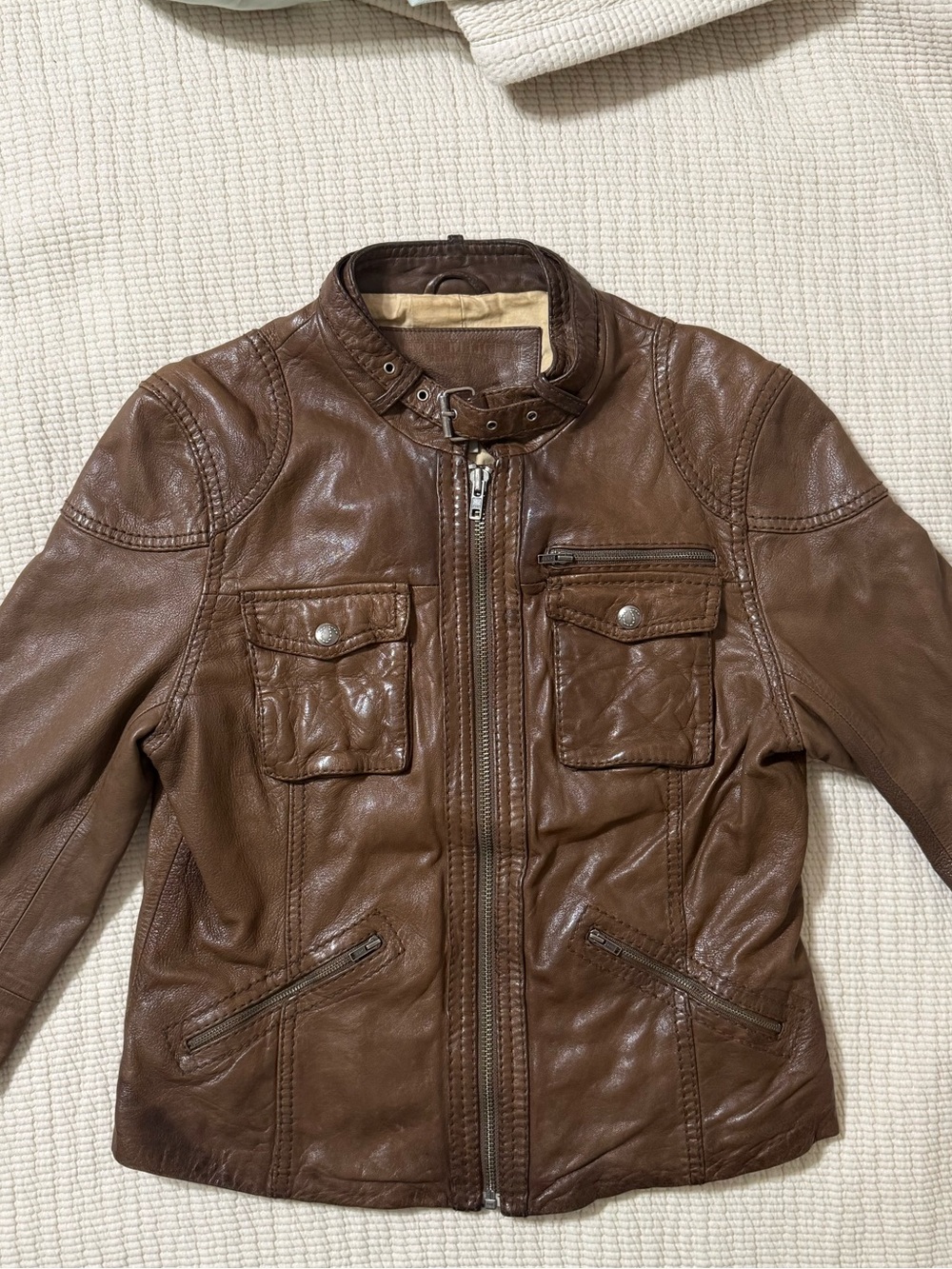 Vintage True Religion Distressed Brown Leather Biker Moto Jacket Size L